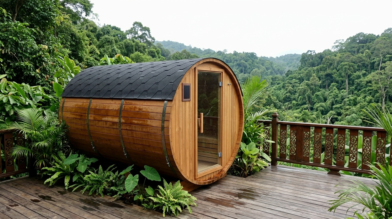 Six-person cube sauna on a timber deck beside a pool, with sun loungers and tropical planting