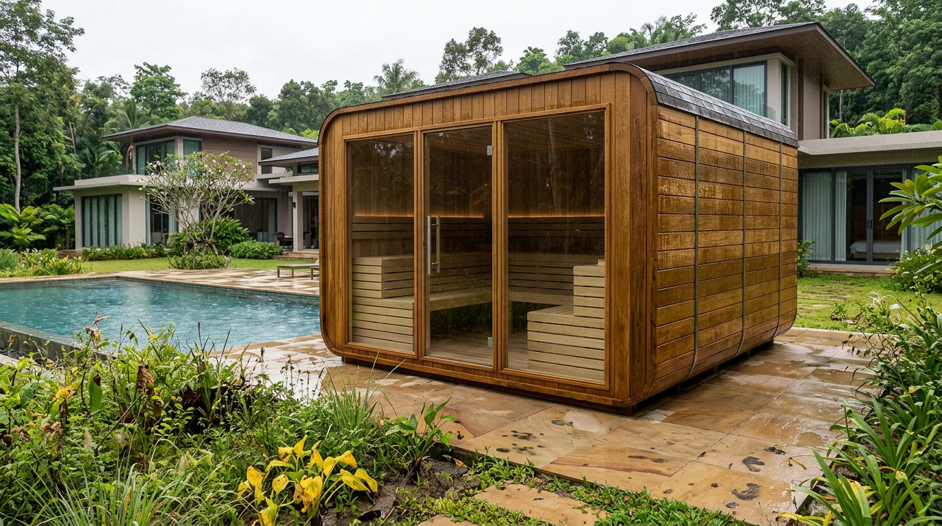 Eight-person cube sauna with glazed panels on a paved terrace beside a pool, house behind