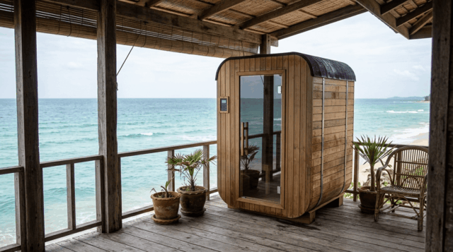 Six-person barrel sauna on a timber deck in a tropical garden