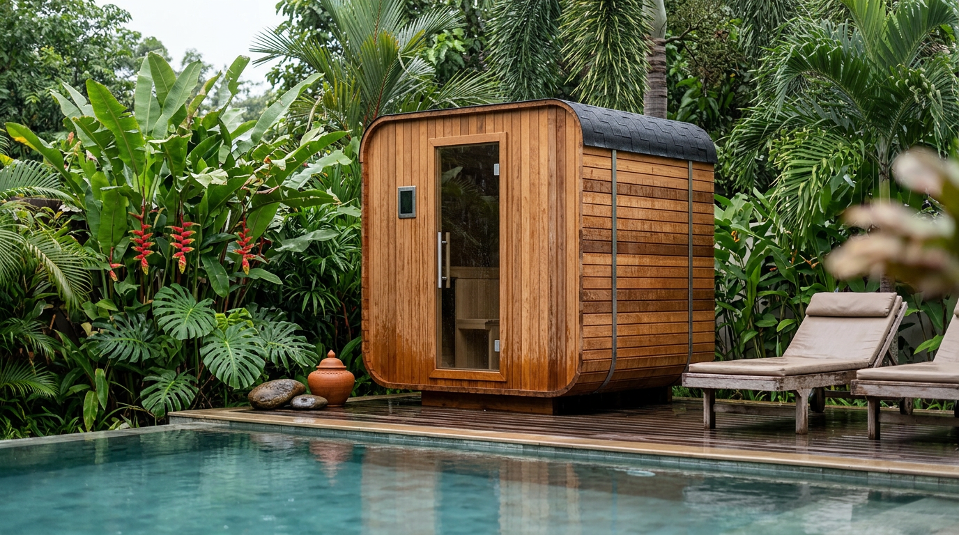 Four-person cube sauna with a glass door on a paved terrace, tropical planting and mountains behind