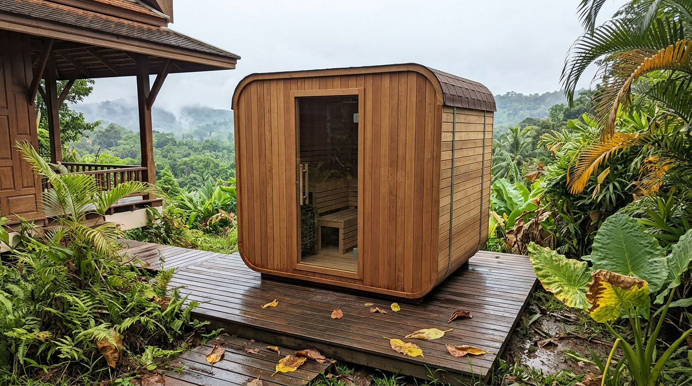 Eight-person barrel sauna on a timber deck with a jungle valley behind