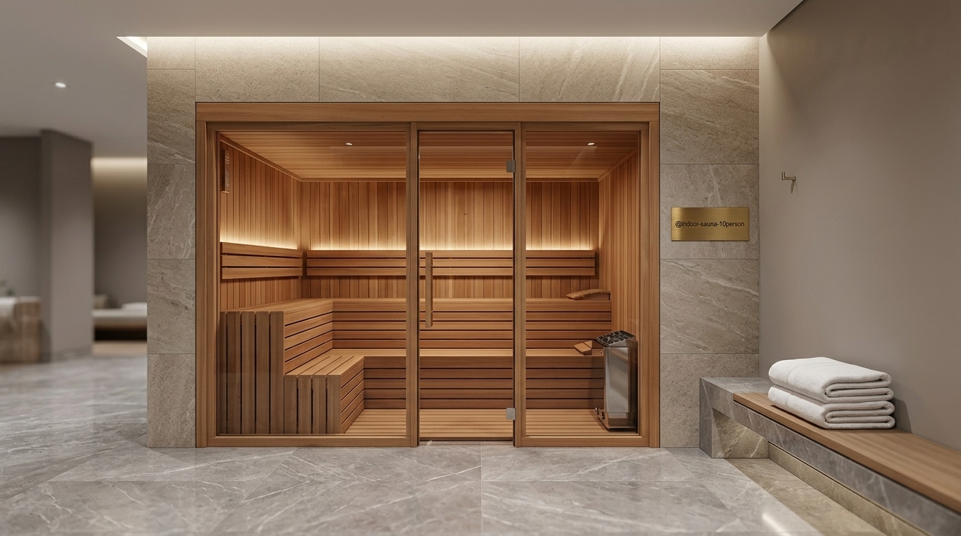Two-person indoor sauna built into the corner of a bathroom beside a freestanding bath