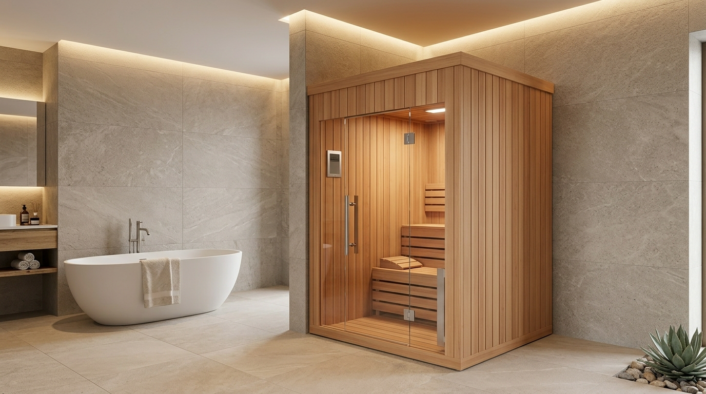 Four-person outdoor sauna on a timber deck at the water's edge, jungle behind