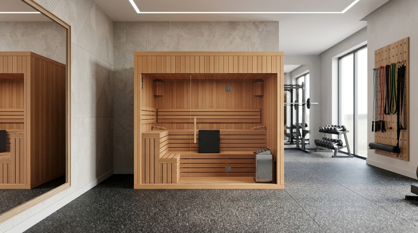 Twelve-person outdoor sauna with glazed panels on a lawn, tropical planting behind