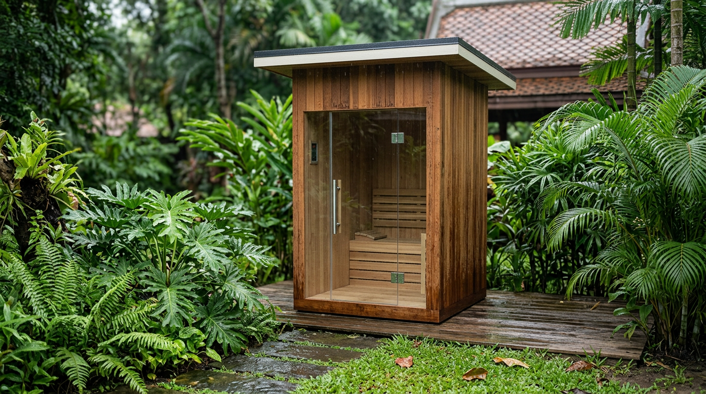 Two-person outdoor sauna in dense tropical planting, with a tiled roof house behind
