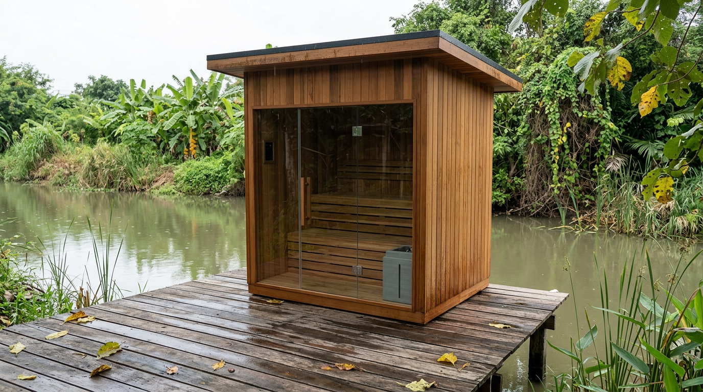 Eight-person outdoor sauna beside a plunge pool with a frangipani tree, city skyline behind