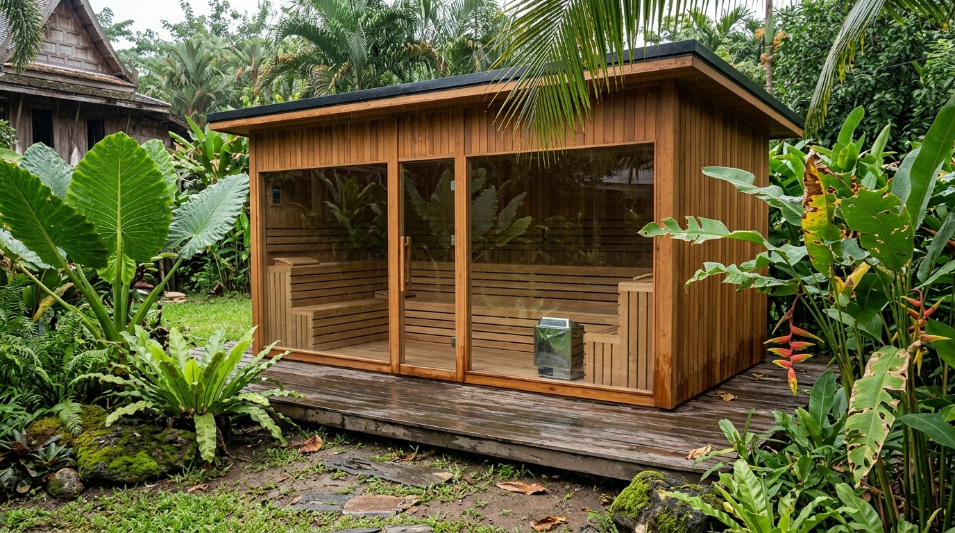 Eight-person indoor sauna with a full glass front in a spa interior, bench and towels alongside