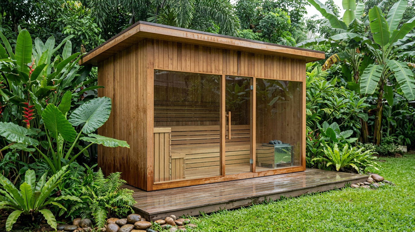 Glass-front sauna in a garden villa