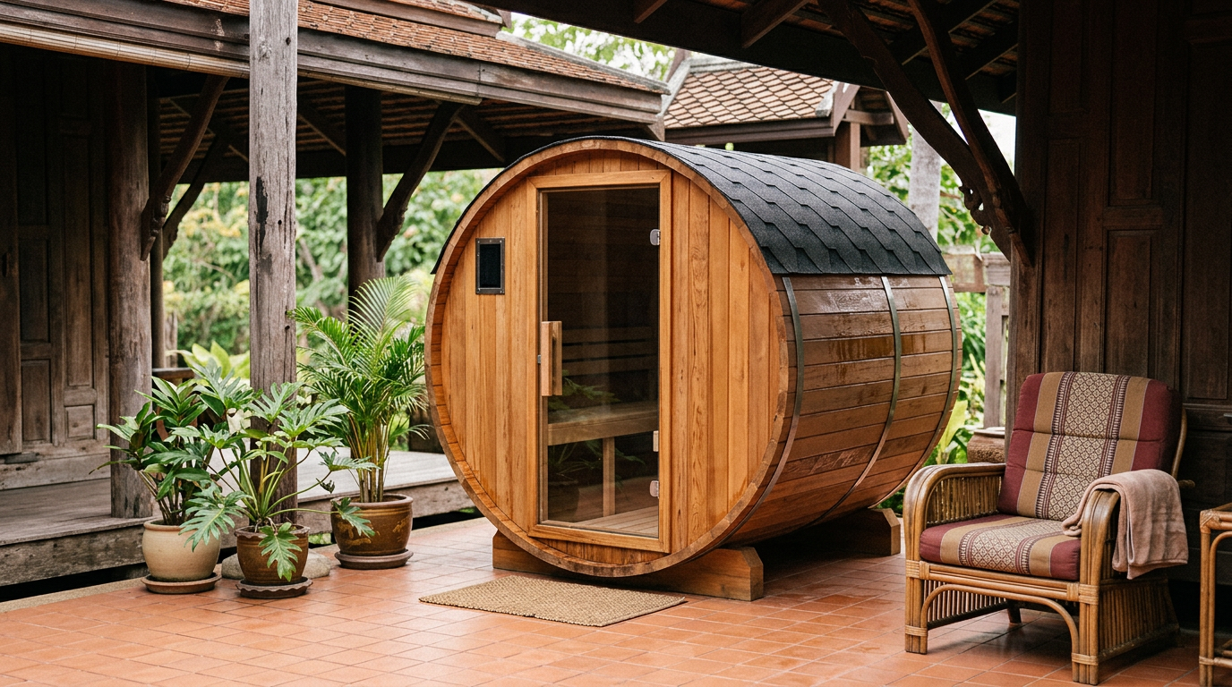 4 person barrel sauna on a traditional Thai deck