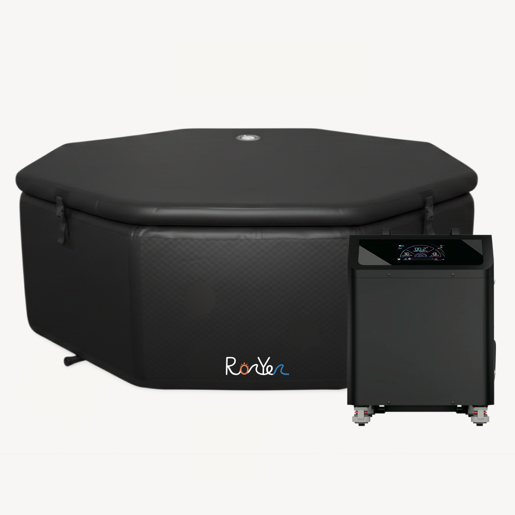 Octagonal black inflatable ice bath with fitted lid and separate dark grey chiller unit featuring digital temperature display, front-facing view.