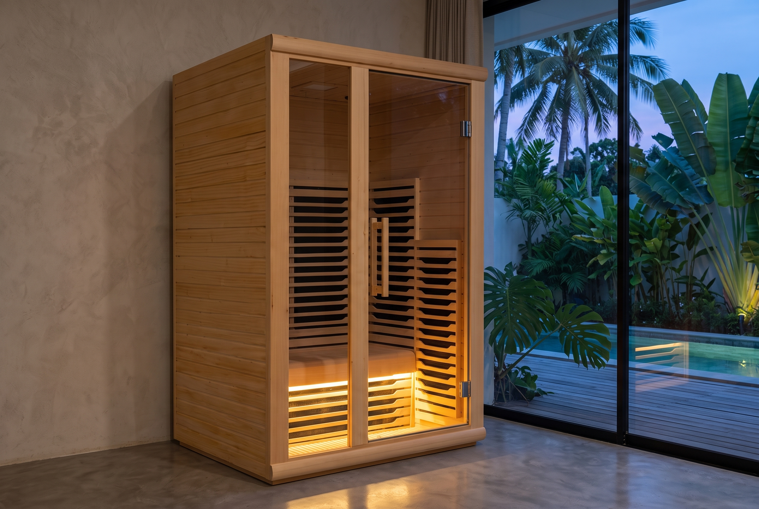 1-person infrared sauna in Hemlock, glass front, in a bedroom corner