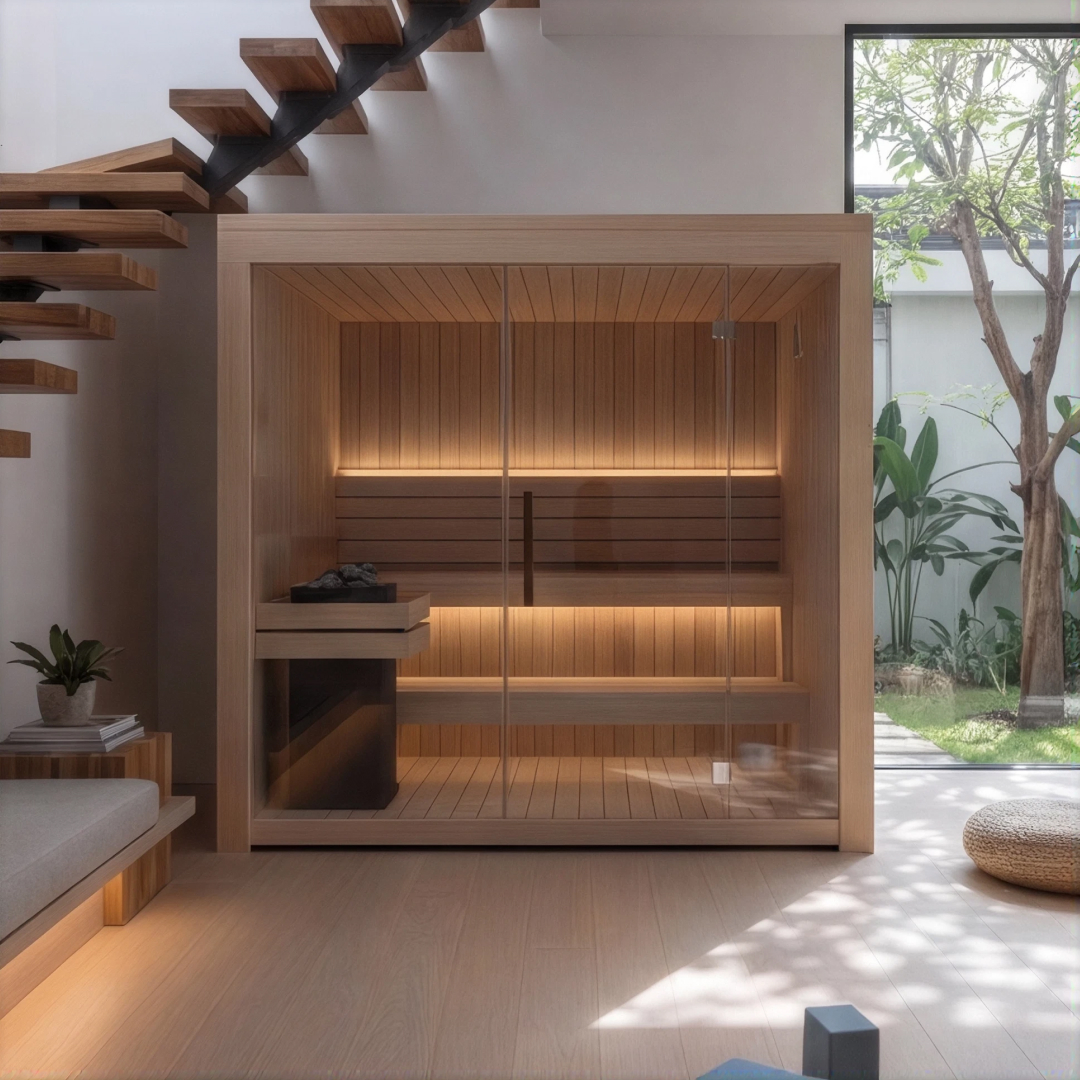Cube sauna on a deck