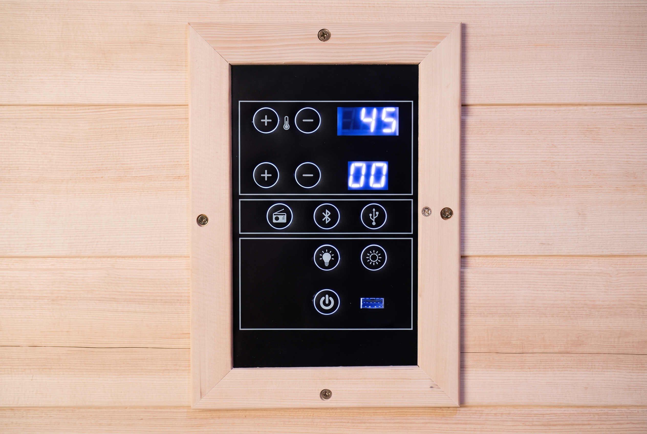 Touch-screen control panel on the red-light infrared sauna