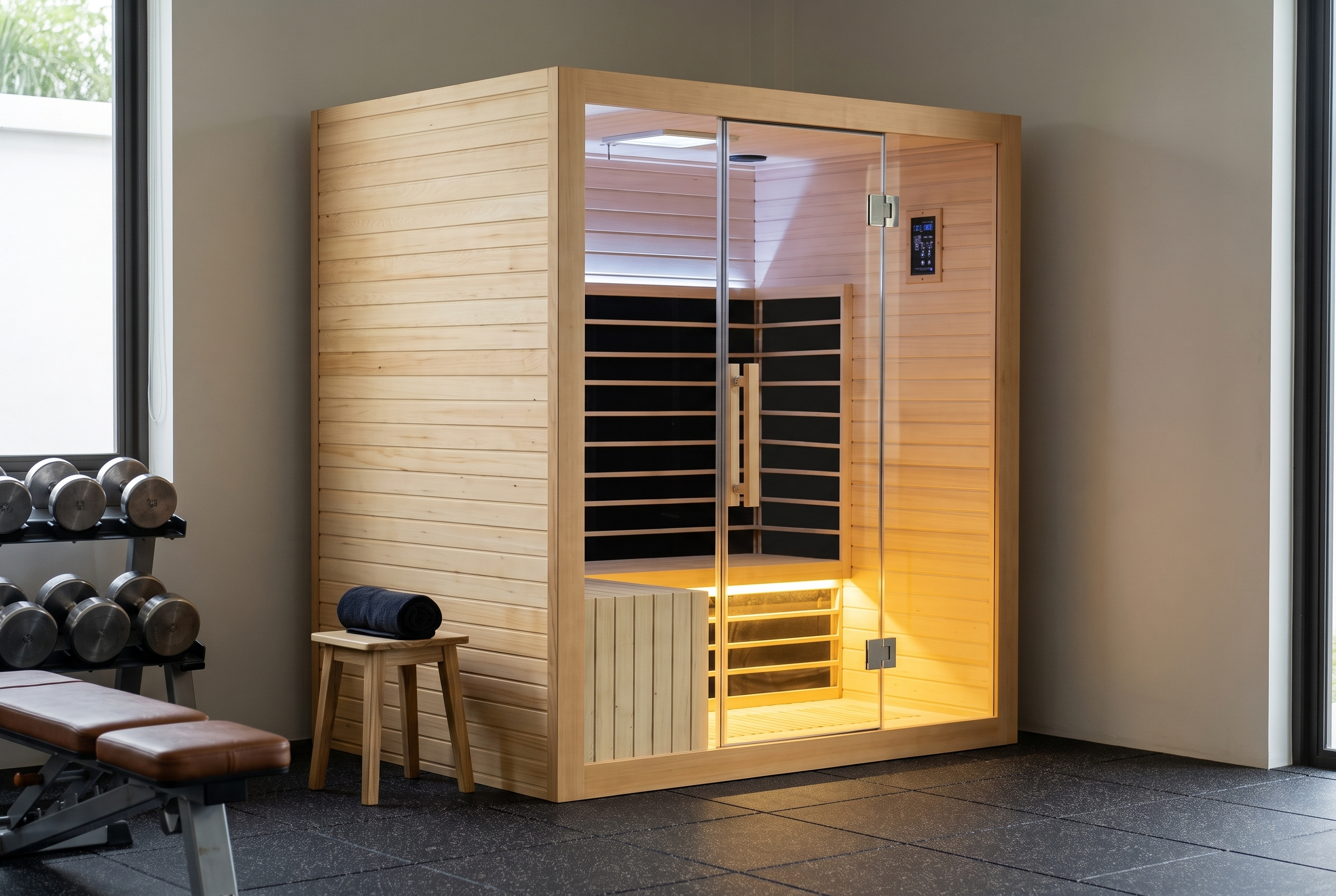 2-person infrared sauna in Hemlock, glass front, in a living space