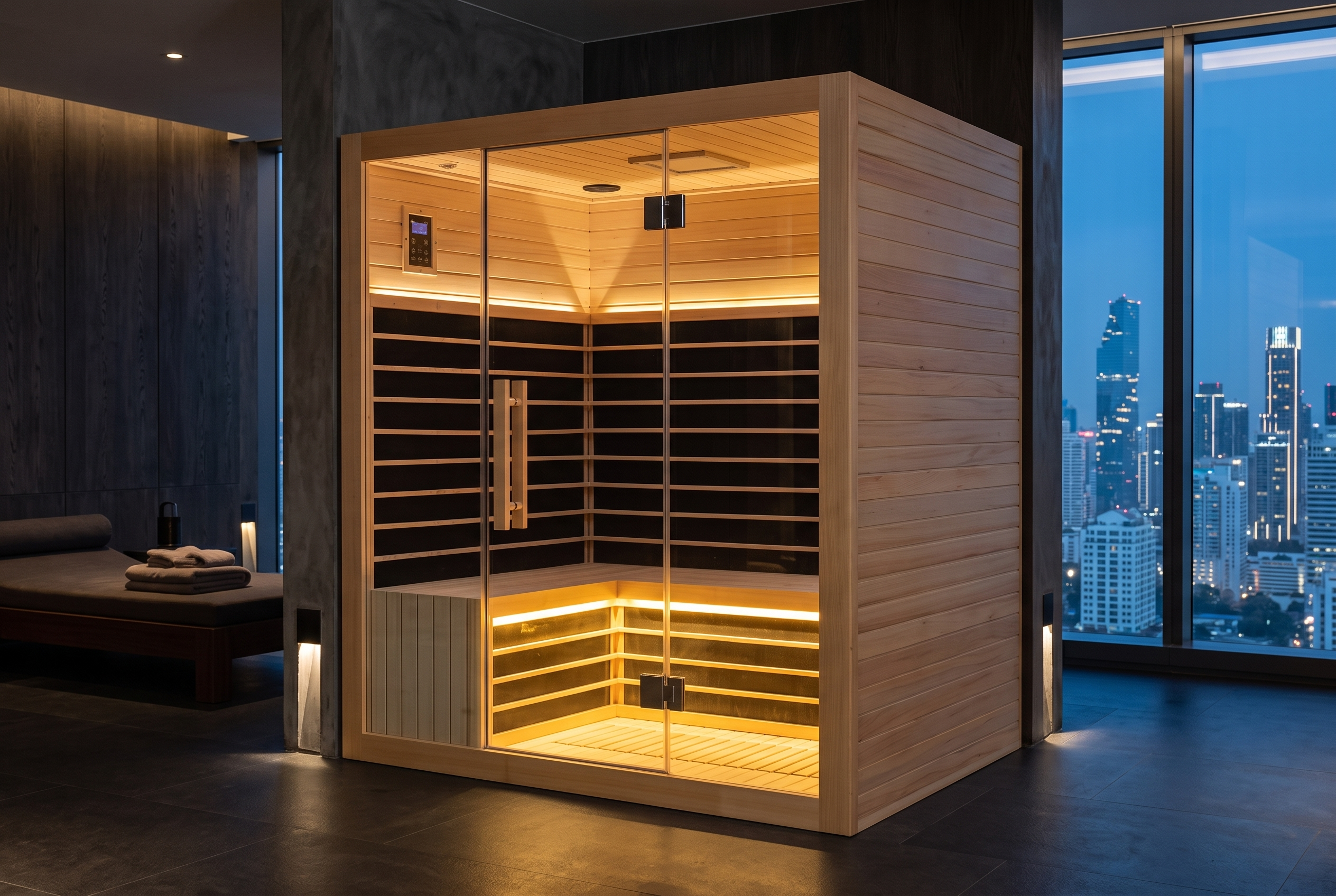 4 to 5 person infrared sauna in Red Cedar, in a villa wellness room