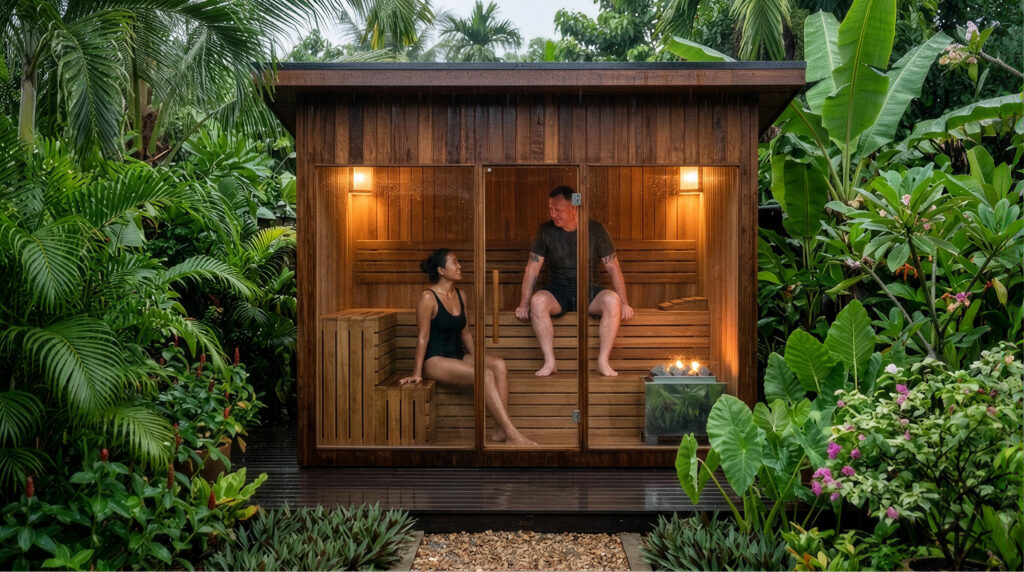 Outdoor sauna with lots of plans and woman and man sitting in it.
