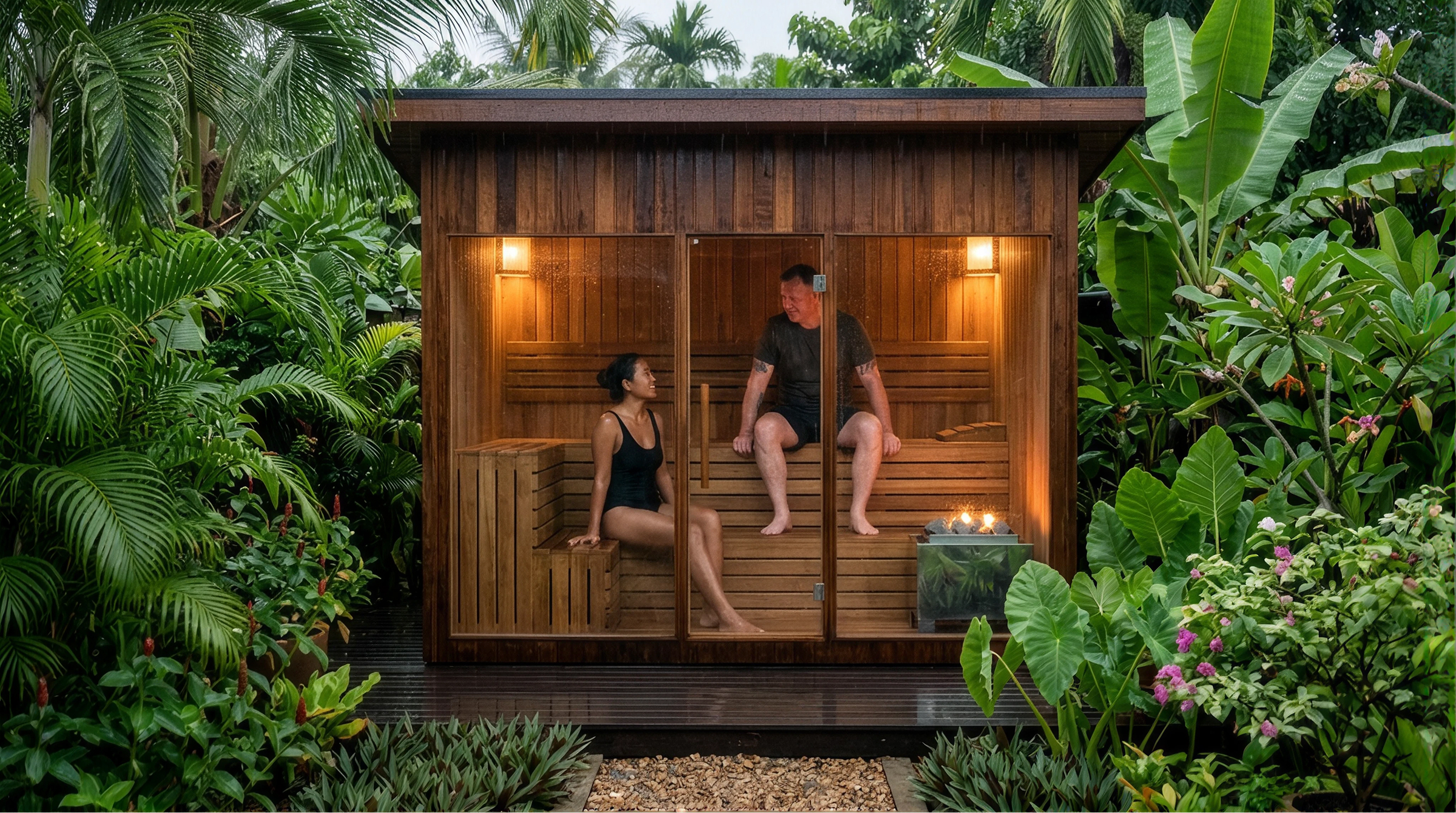 Glass-front cedar sauna in a tropical garden at dusk