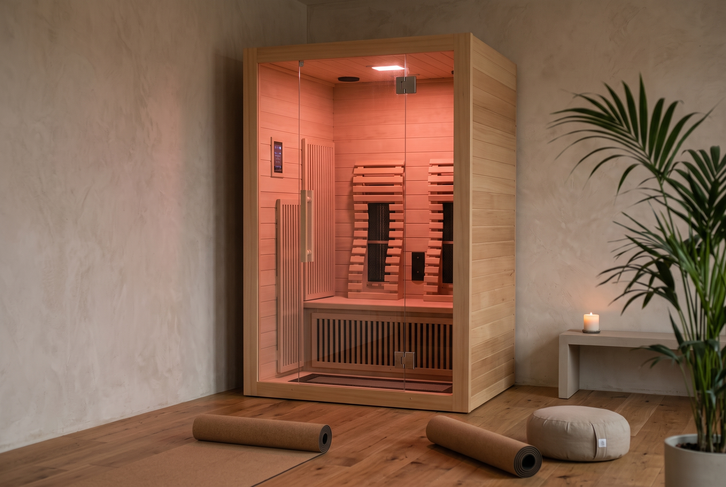 Infrared sauna lit red in a yoga room with a bolster and cushion on the floor.