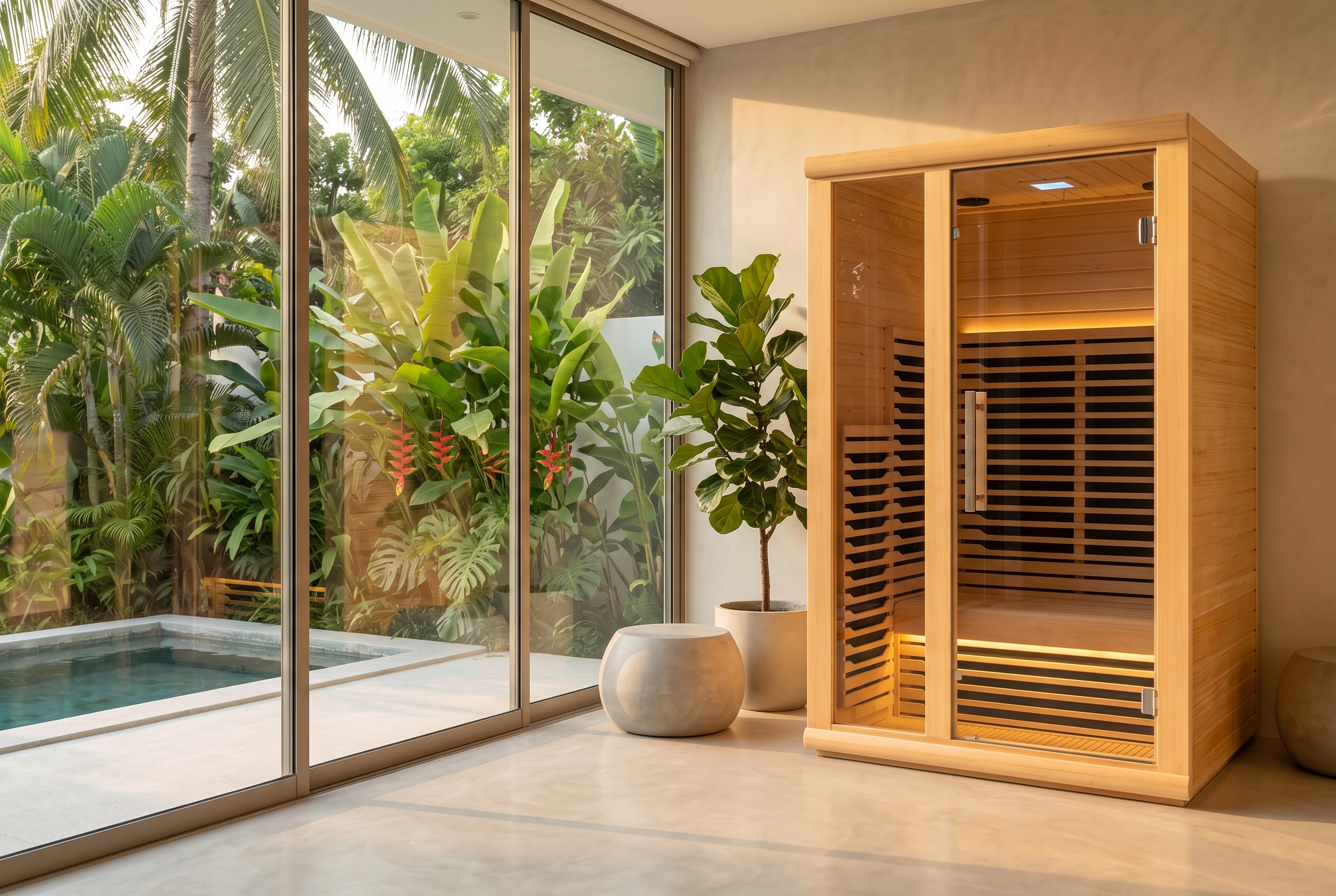 Full glass sauna door with a clean edge and a wood handle