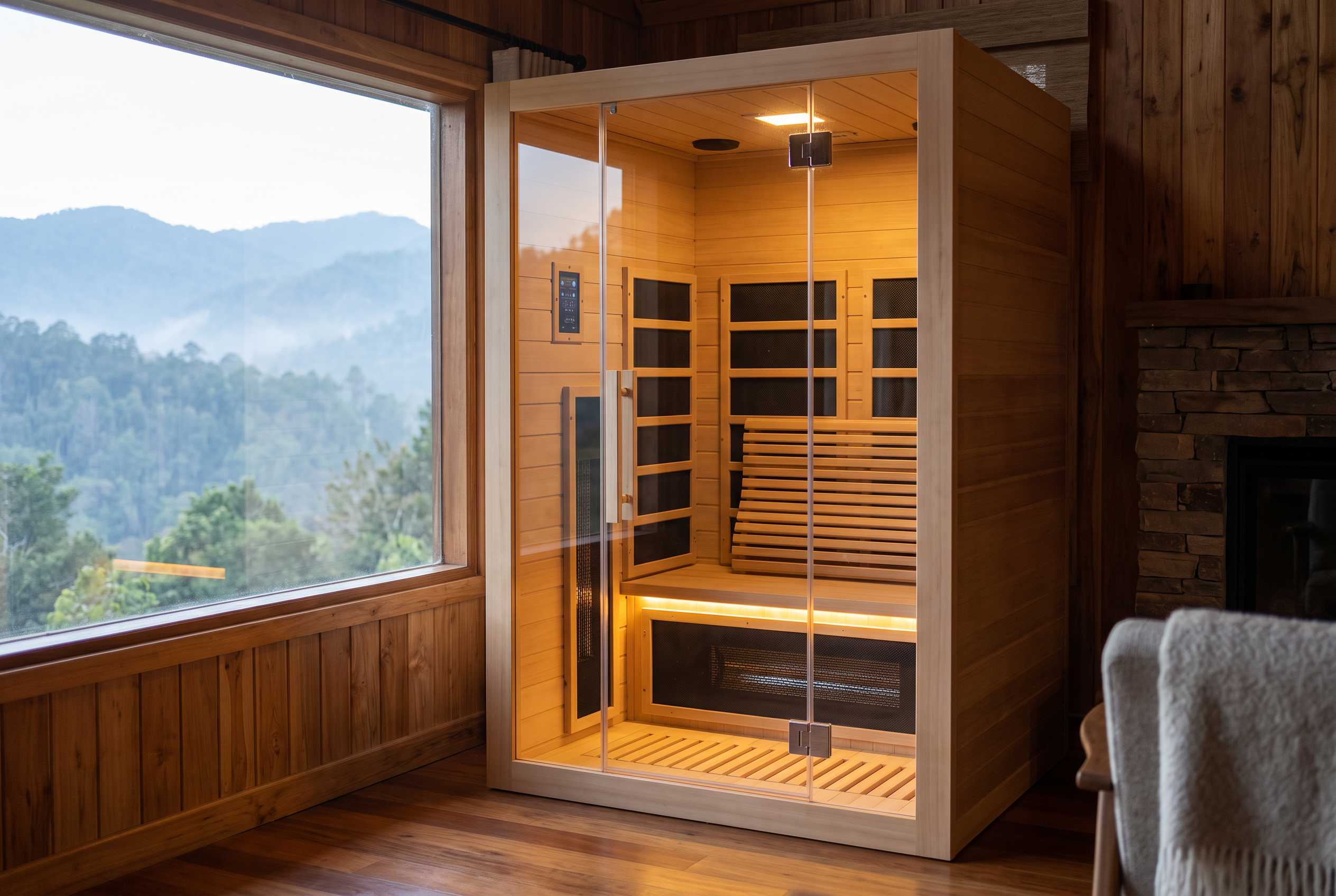 2-person red-light infrared sauna interior, infrared backrest glowing warm red