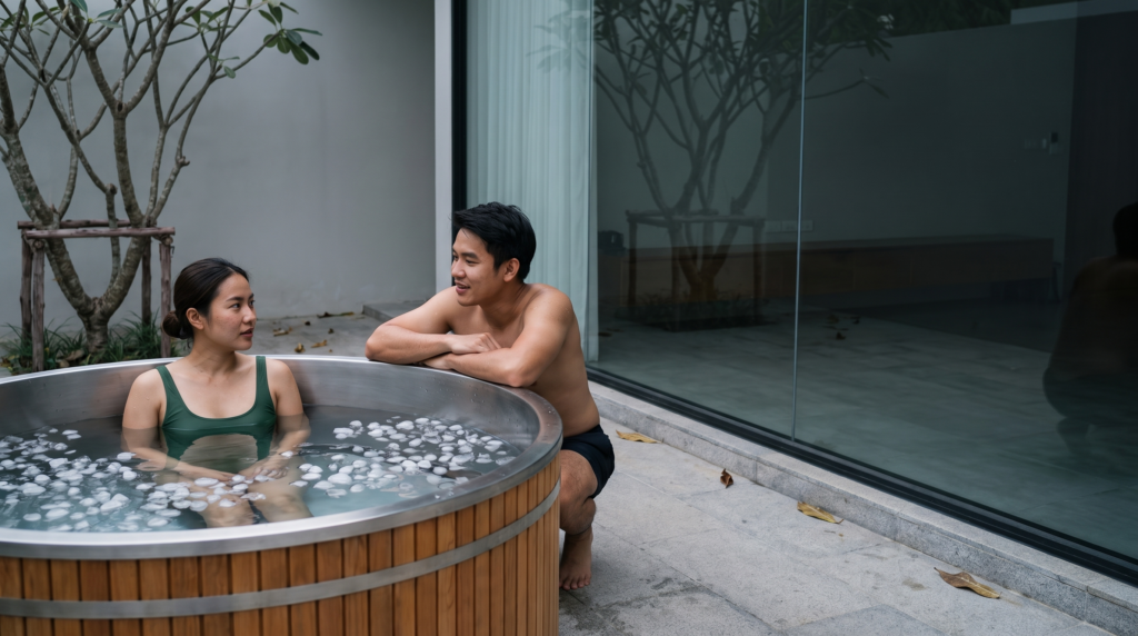 Two baths on a terrace
