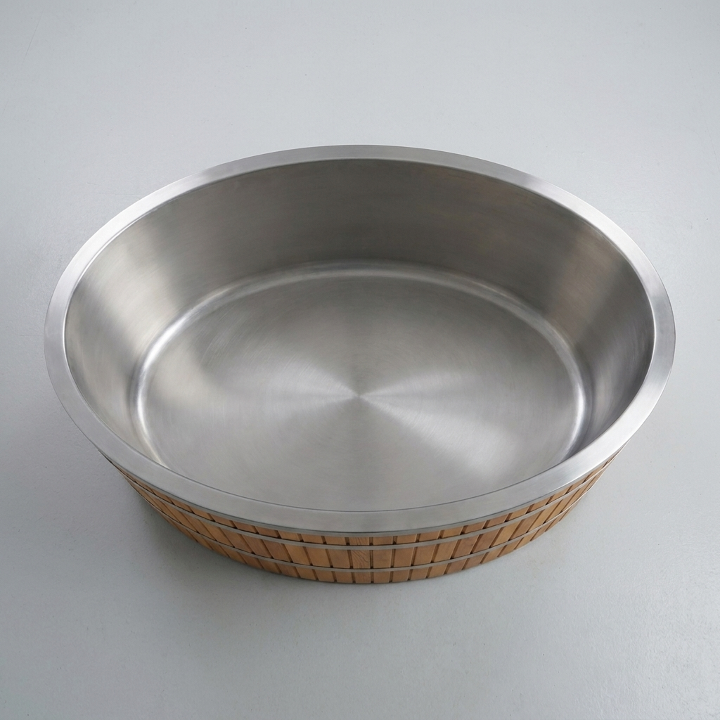 Looking down into a stainless steel lined ice bath with a person immersed to the chest