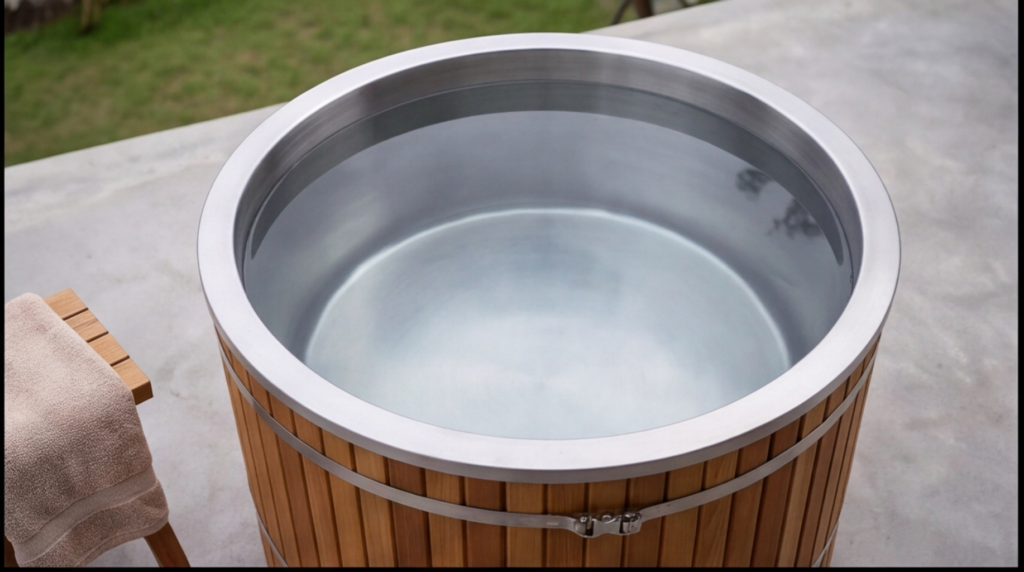 Cedar plunge bath with a chiller unit in a light interior