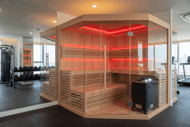 Glass-fronted corner sauna with red LED lighting and a black stone heater in a gym.