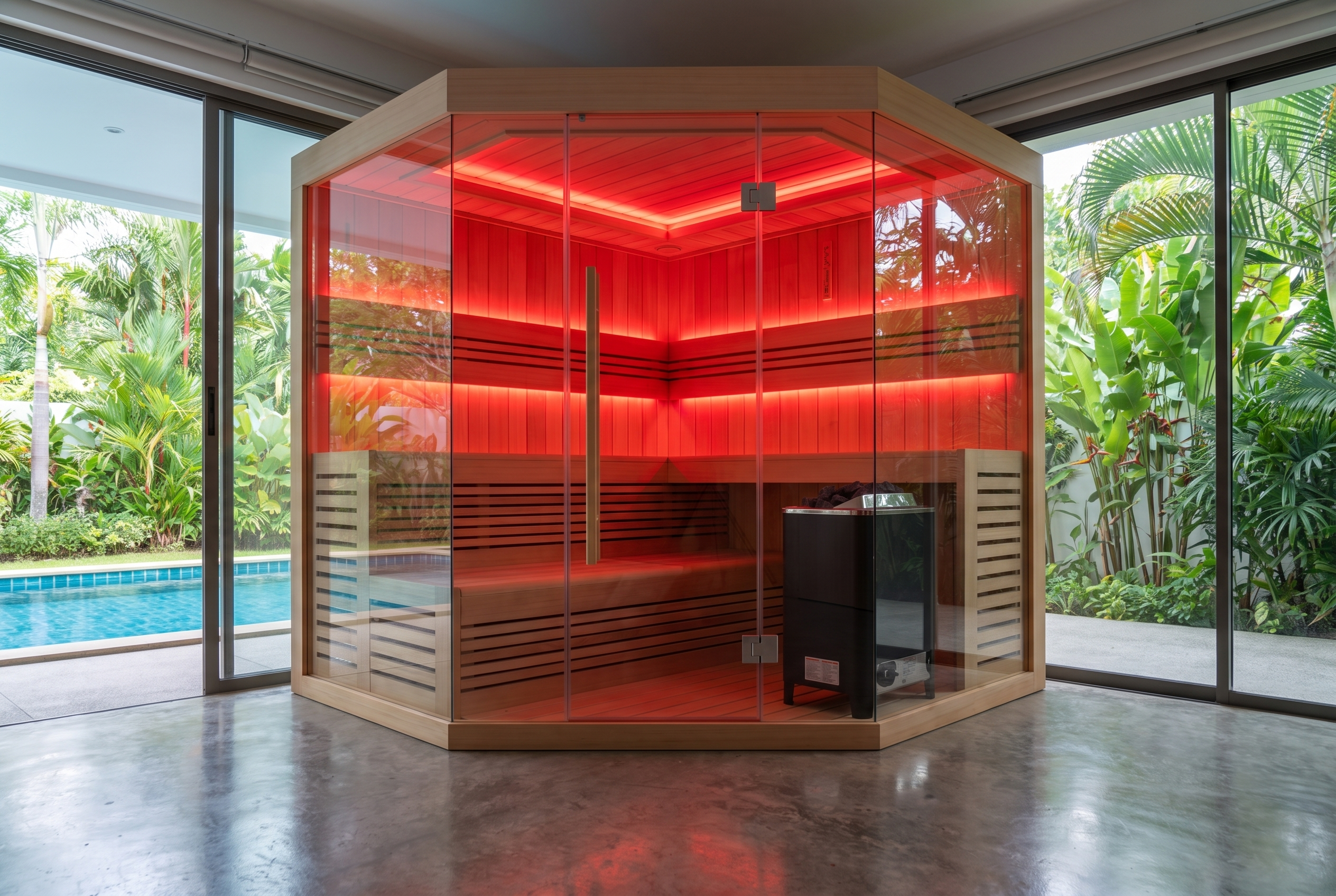Corner sauna with full glass front lit red inside, stone heater visible, poolside room in a Thai home