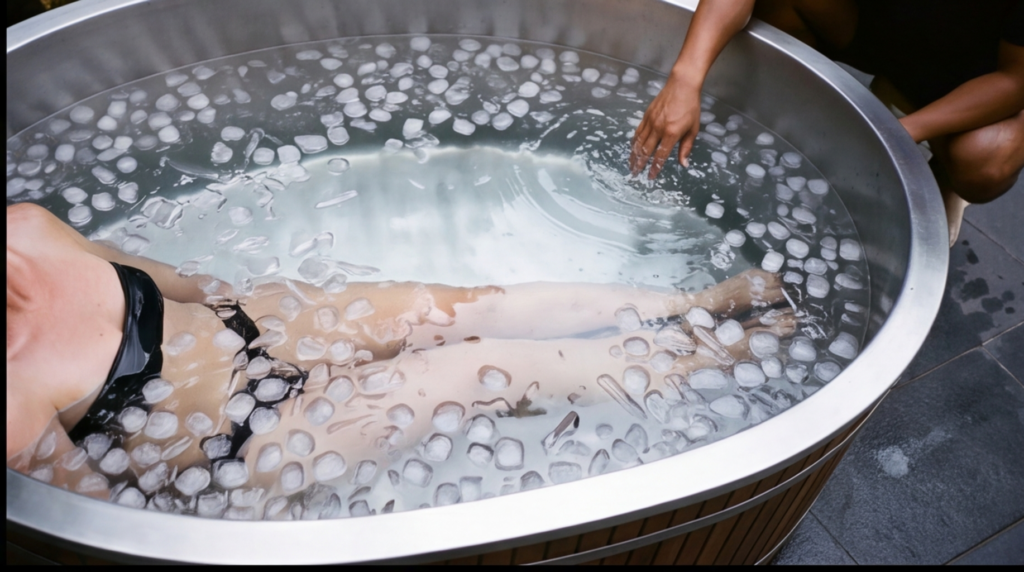 Cedar ice bath with stainless bands on a timber deck under a garden pavilion