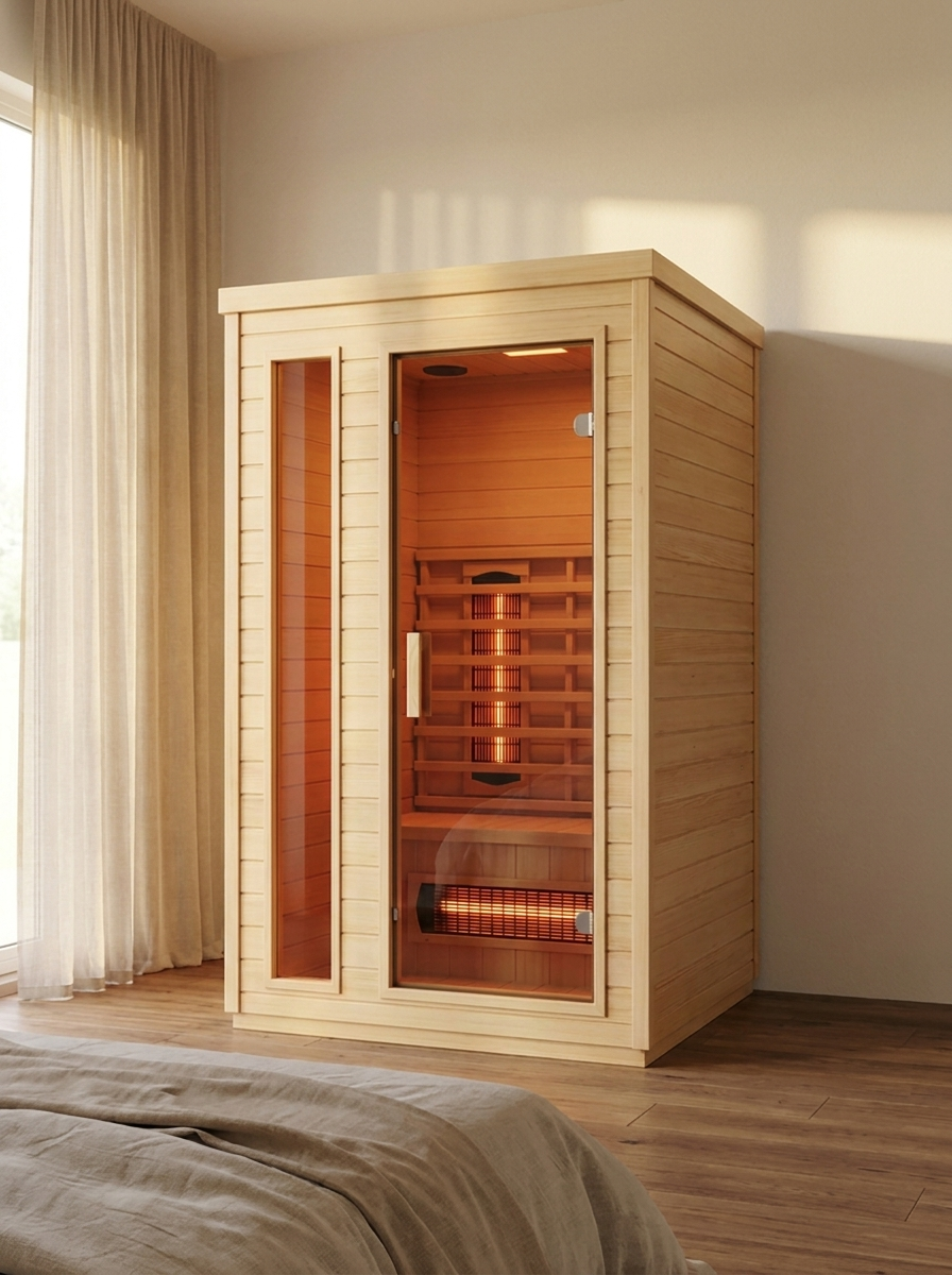 1-person compact infrared sauna in Hemlock, glass front, in a bright home interior