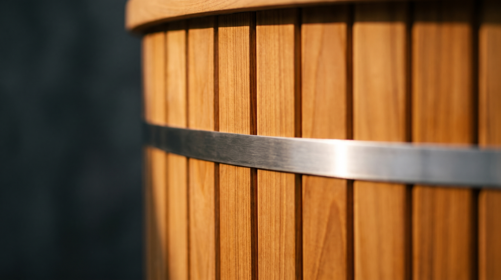Cedar plunge bath with a chiller unit in a light interior