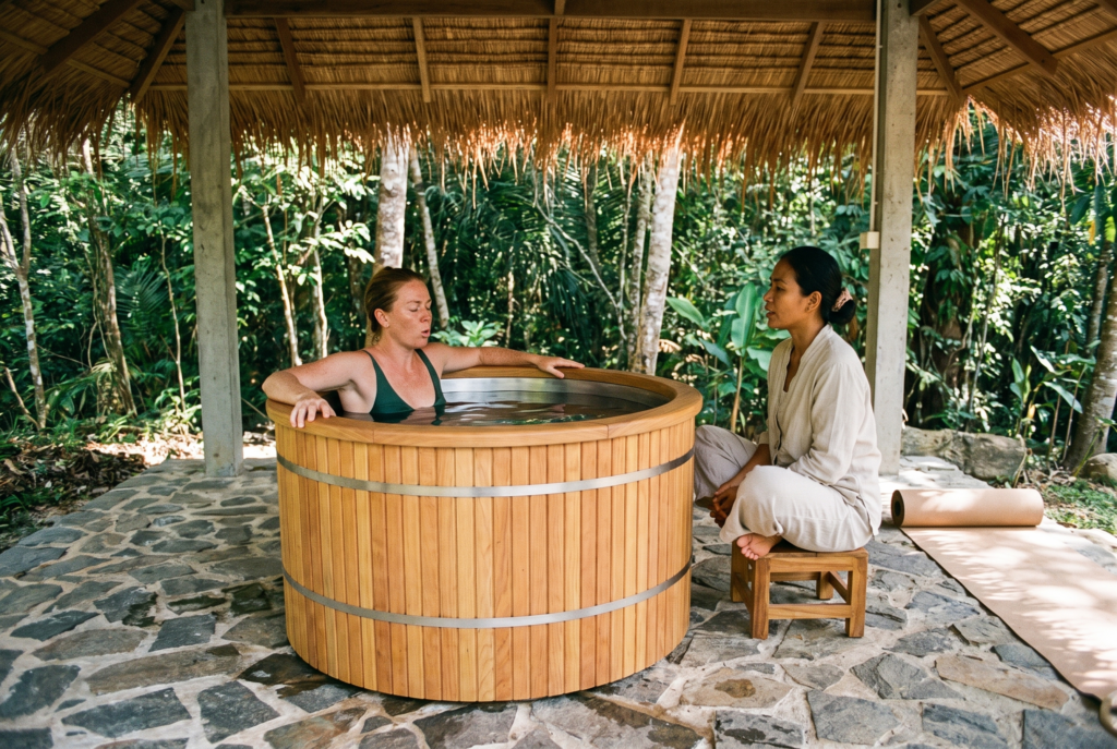 Cedar ice bath with stainless bands on a timber deck under a garden pavilion