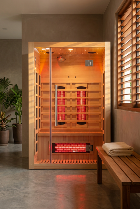 2-person red-light infrared sauna, infrared backrest glowing warm red