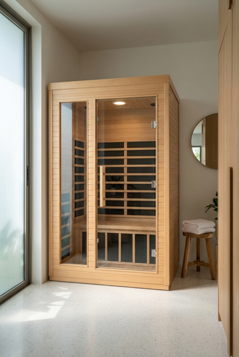 2-person infrared sauna in Hemlock, glass front, in a living space