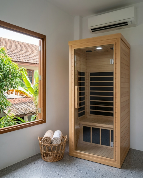 1-person infrared sauna in Hemlock, glass front, in a bedroom corner